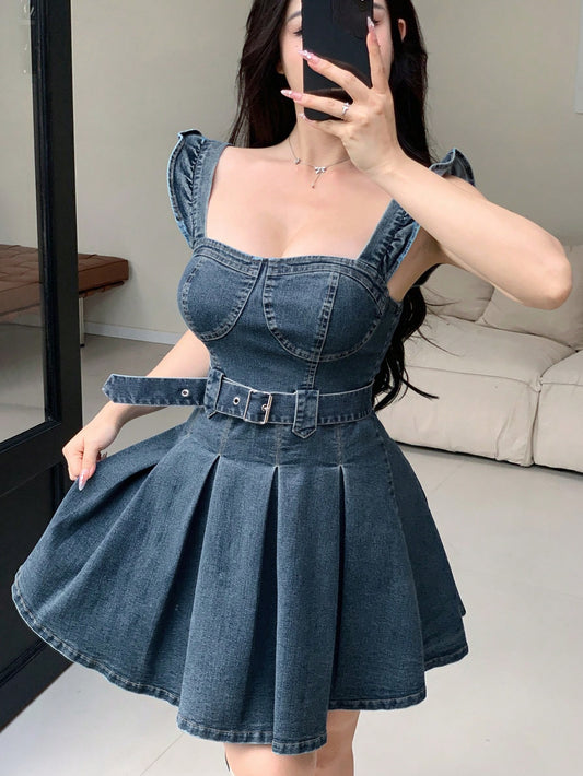 Denim Puff Sleeve Dress With Square Neckline And Pleated Hem