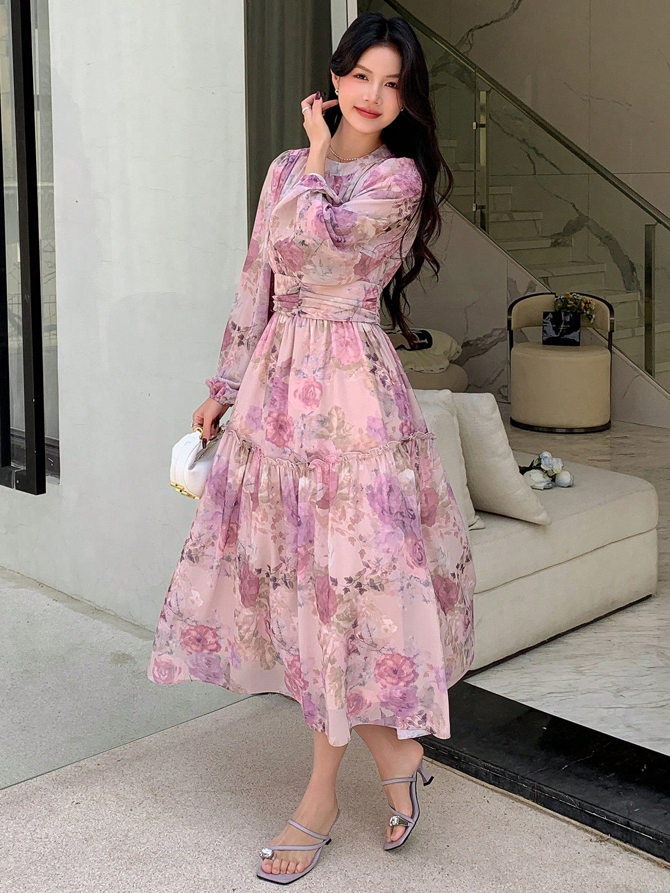 Women's Floral Pattern Long Sleeve Holiday Style Dress