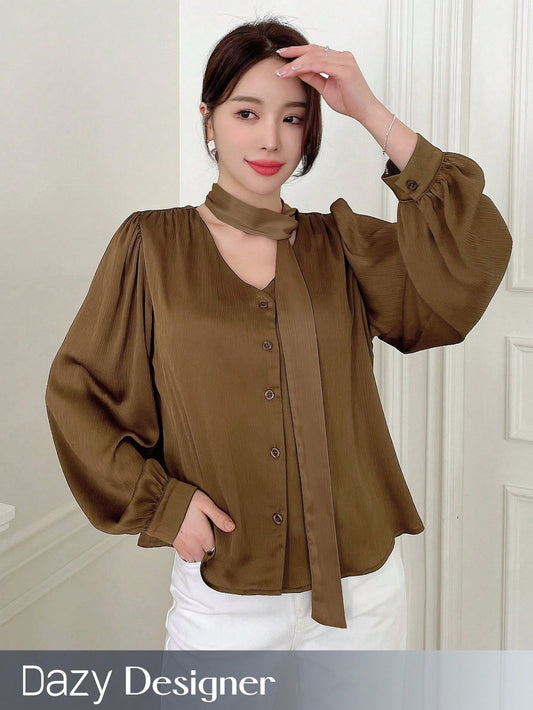 Women Fashionable Elegant Solid Color Loose Long Sleeve Shirt With Innovative Design Sense