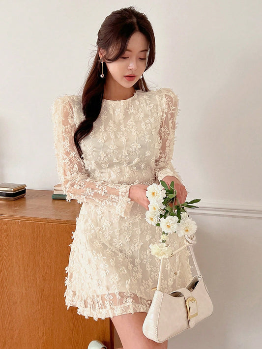 Women Sheer Mesh 3D Flower Long Sleeve Dress