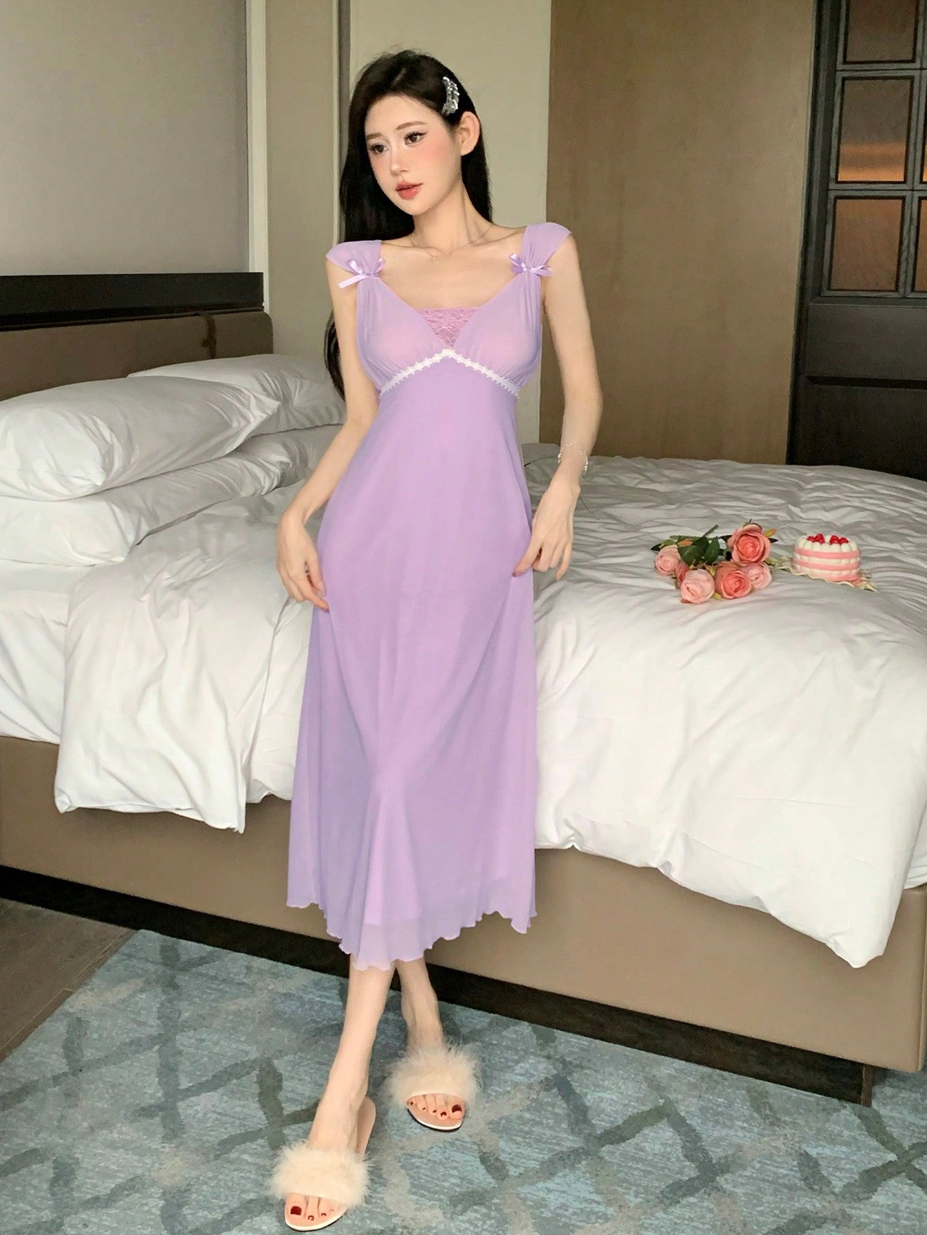 Women Mesh Lace Splice Adjustable Waist Strap Nightgown