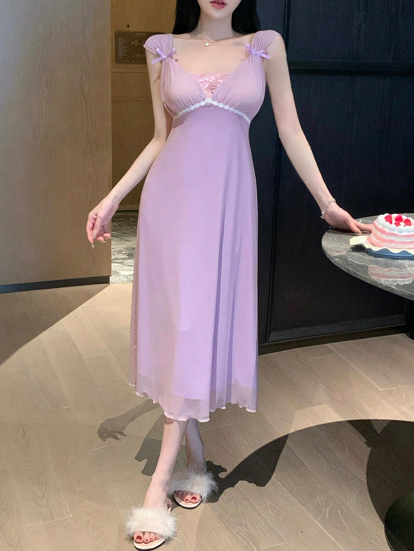 Women Mesh Lace Splice Adjustable Waist Strap Nightgown