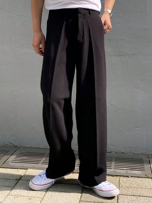 Men Solid Color Business Suit Pants With Belt, Pocket And Button