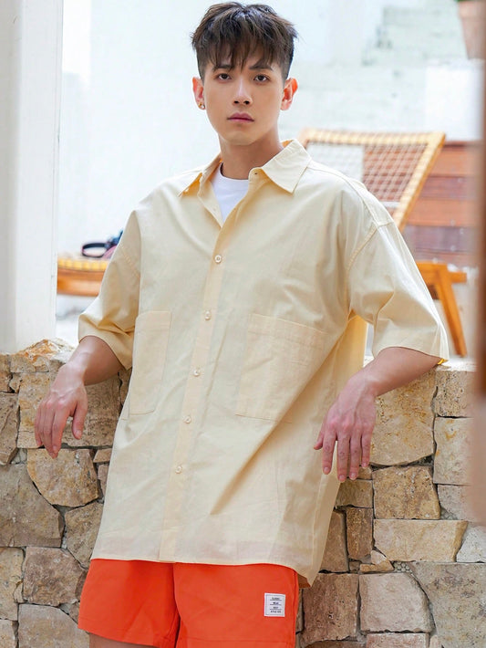 Summer Solid Color Men's Button-Down Shirt With Pocket