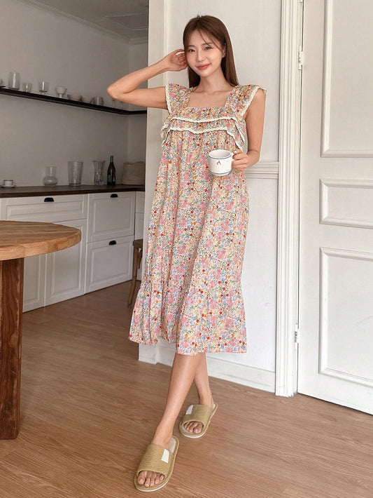 Sleeveless Floral Print Ruffle Hem Lace Patchwork Nightgown For Summer