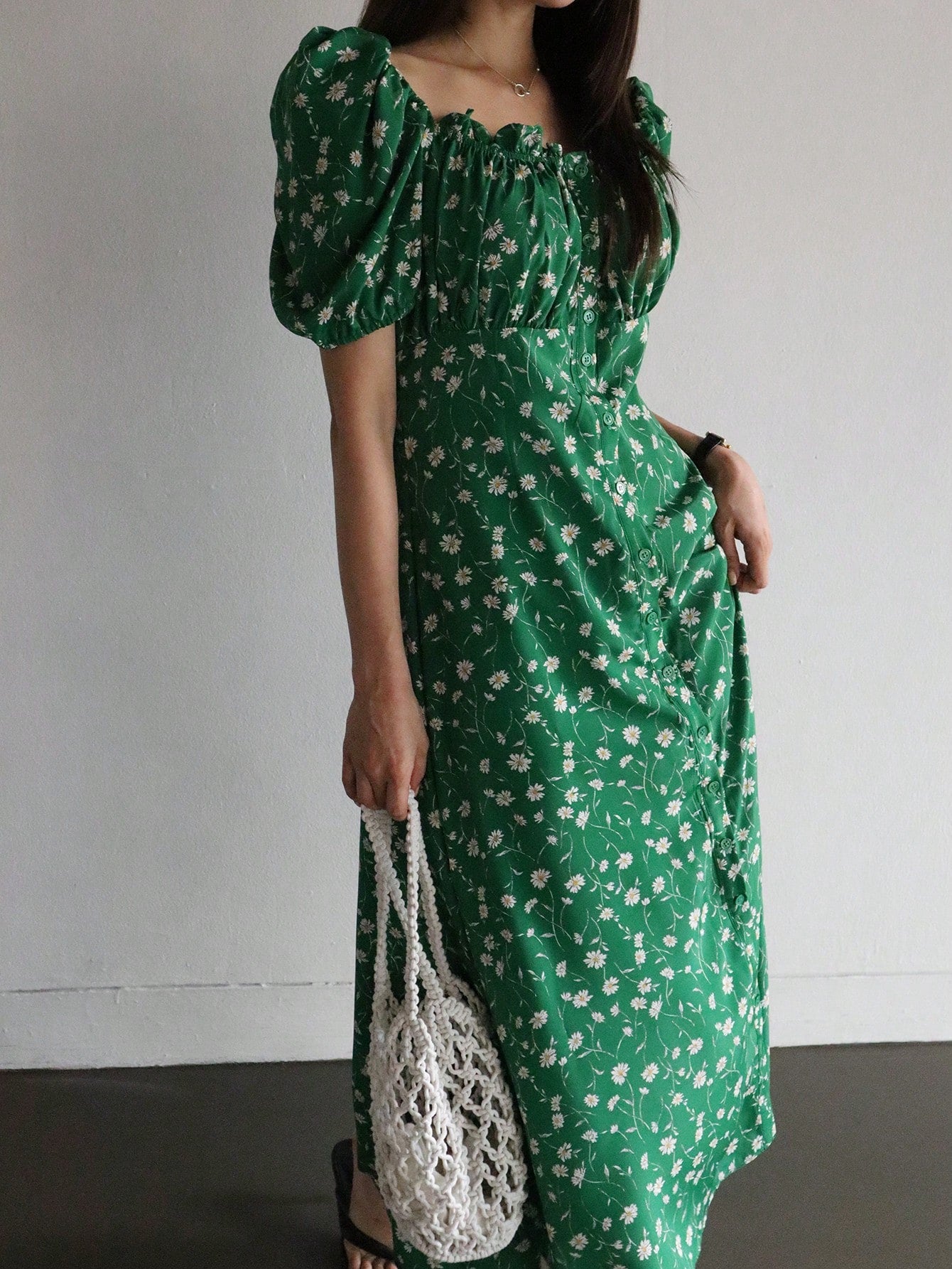 Women Floral Print Vacation Casual Long Bubble Sleeve Dress