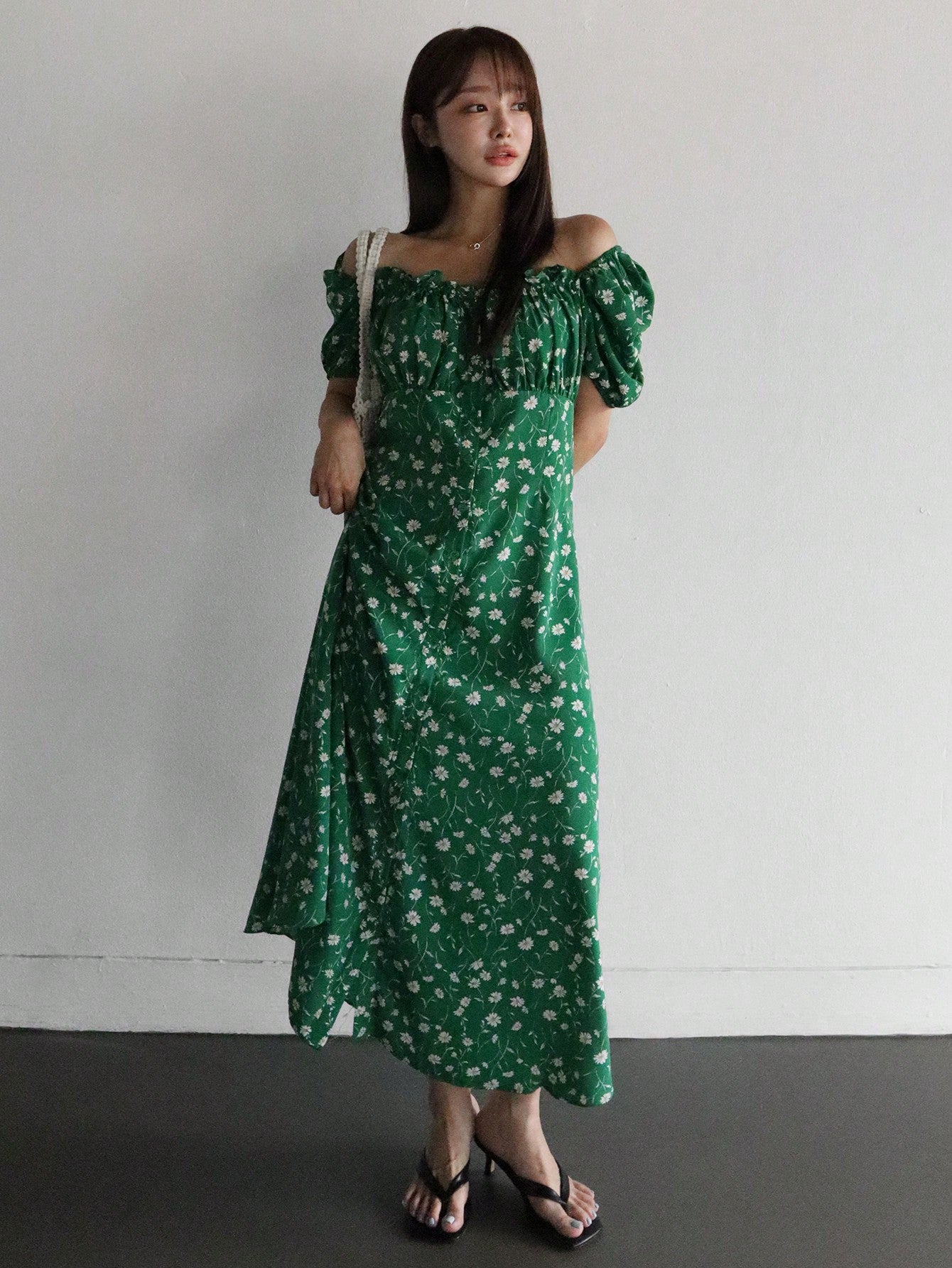 Women Floral Print Vacation Casual Long Bubble Sleeve Dress
