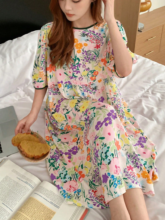 Abstract Floral Allover Print Frill Hem Puff Sleeve Nightdress