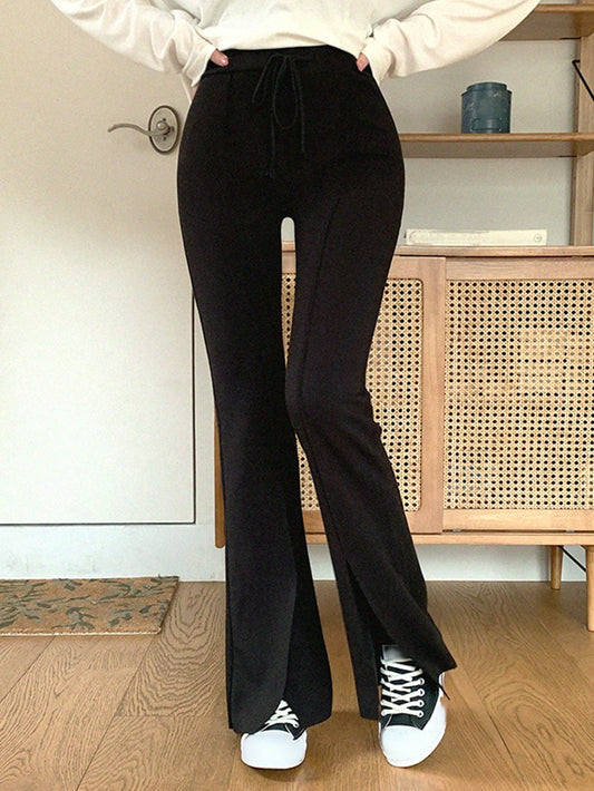 Women's Solid Color Slim Fit Flared Trousers With Front Slit