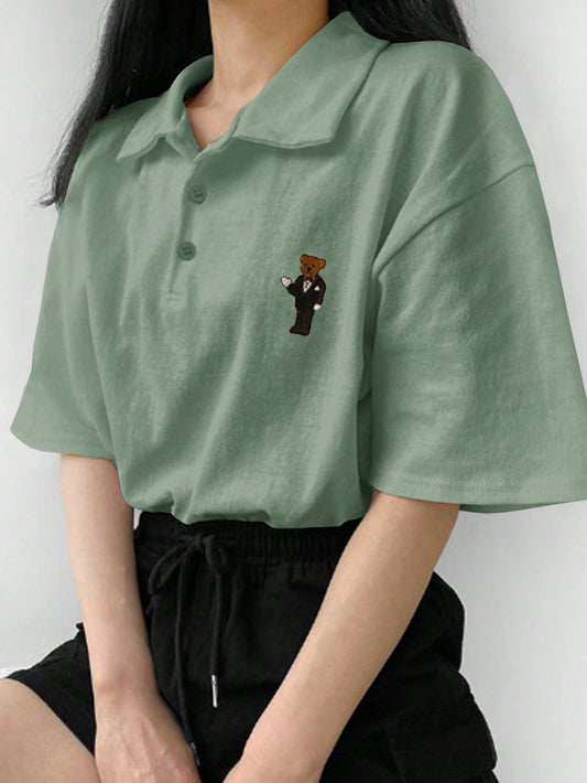 Women's Oversized Patterned Polo Collar T-Shirt