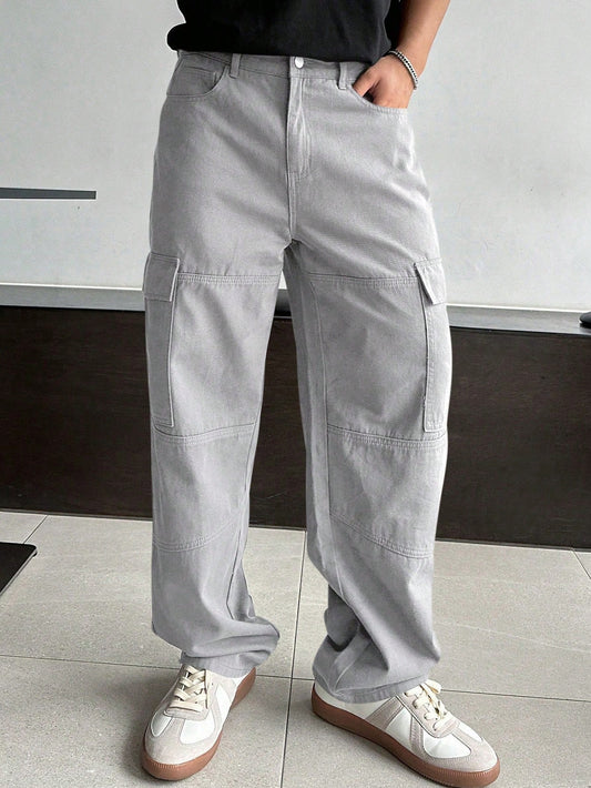Men's Solid Color Utility Pockets Straight Wide-Legged Casual Pants