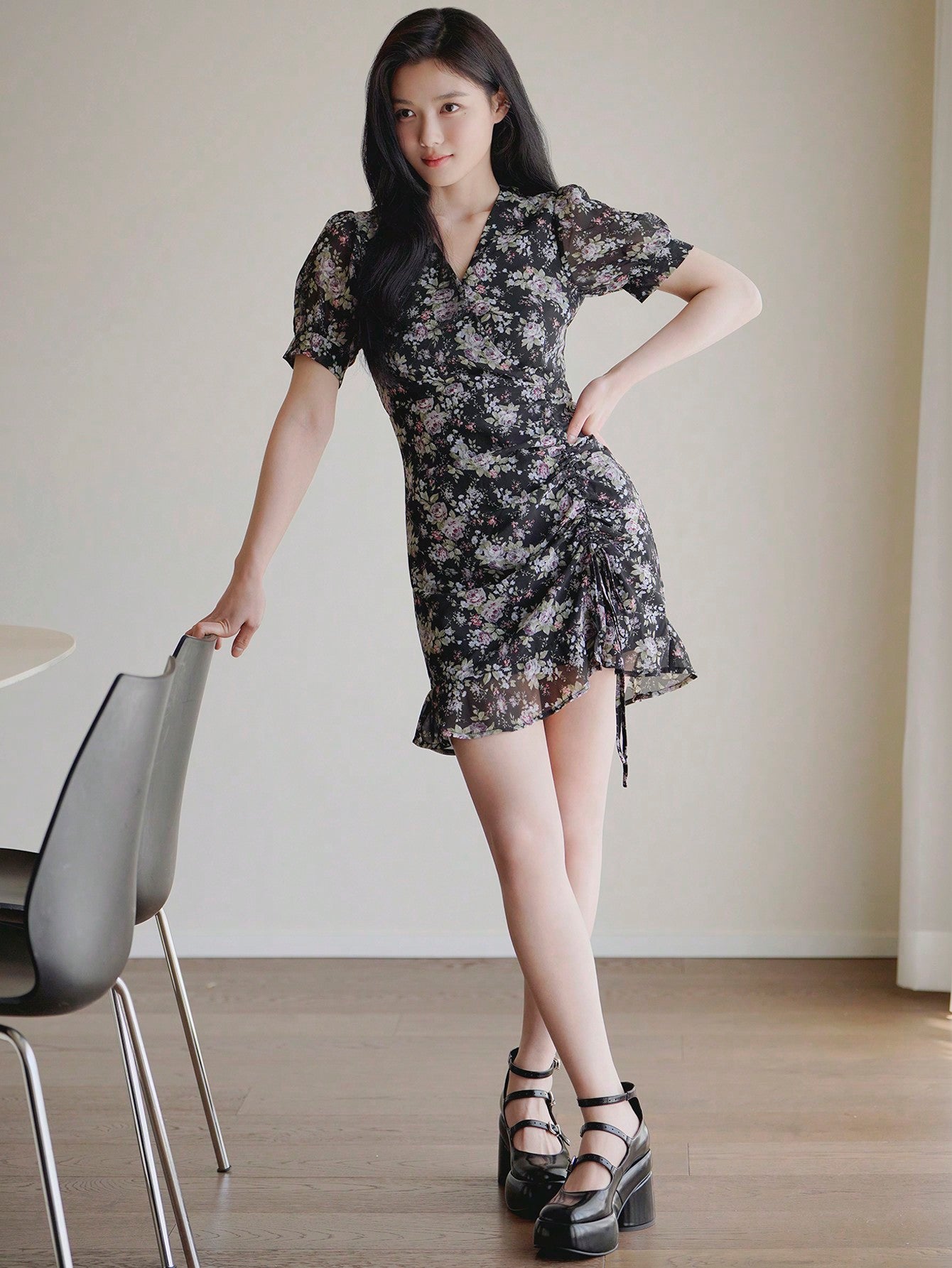 Dazy X KIMYOUJUNG Women Summer Floral V-Neck Short Puff Sleeve Pleated Dress