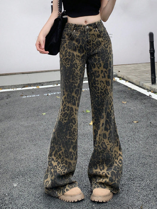 Women's Fashionable Leopard Print Flared Jeans