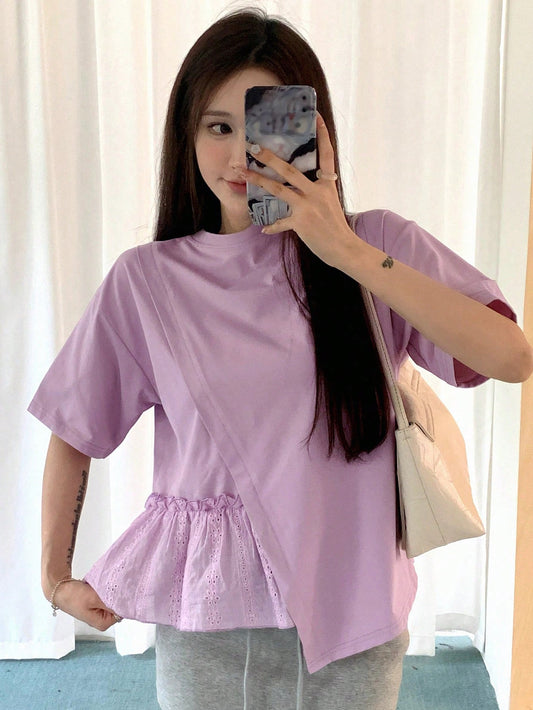 Women's Summer Solid Color Round Neck Short Sleeve T-Shirt With Asymmetrical Hem And Ruffled Trim