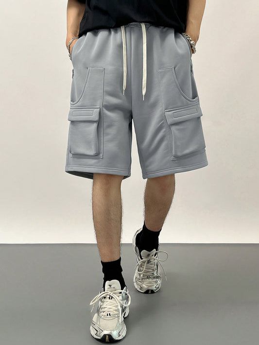 Men's Summer Drawstring Waist Solid Color Cargo Shorts