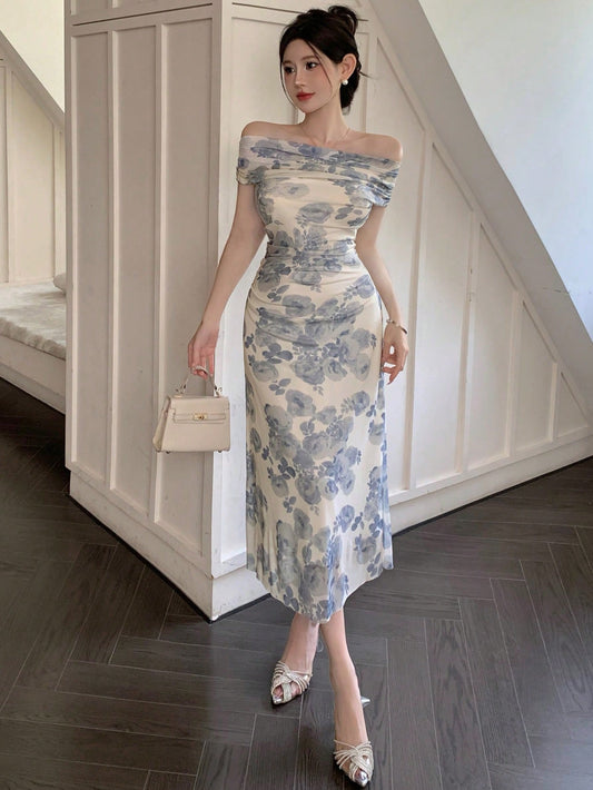 Elegant Floral Allover Print Off Shoulder Waist-Cinched Dress, Summer