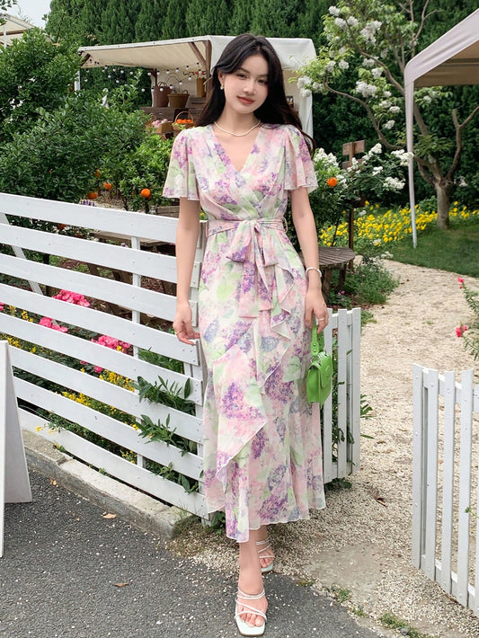 Women's Summer Floral Printed V-Neck Ruffle Short Sleeve Dress With Slit