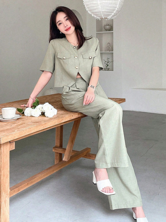 Ladies' Solid Color Short Sleeve Suit With Wide Leg Pants