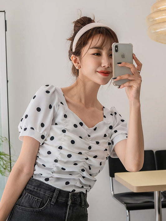 Sweetheart Neck Puff Sleeve Ruched Polka Dot Blouse