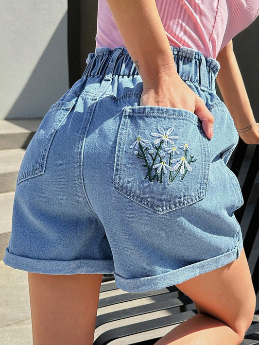 Floral Embroidery Paperbag Waist Denim Shorts