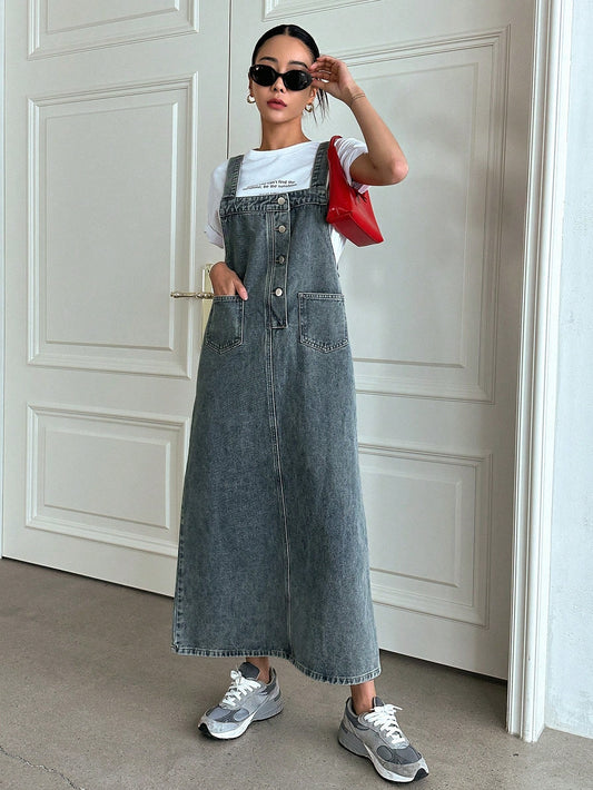 Dual Pocket Denim Overall Dress Without Tee