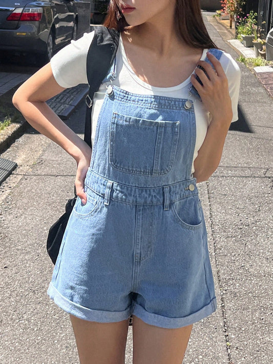 Roll Up Hem Denim Overall Romper Without Tee