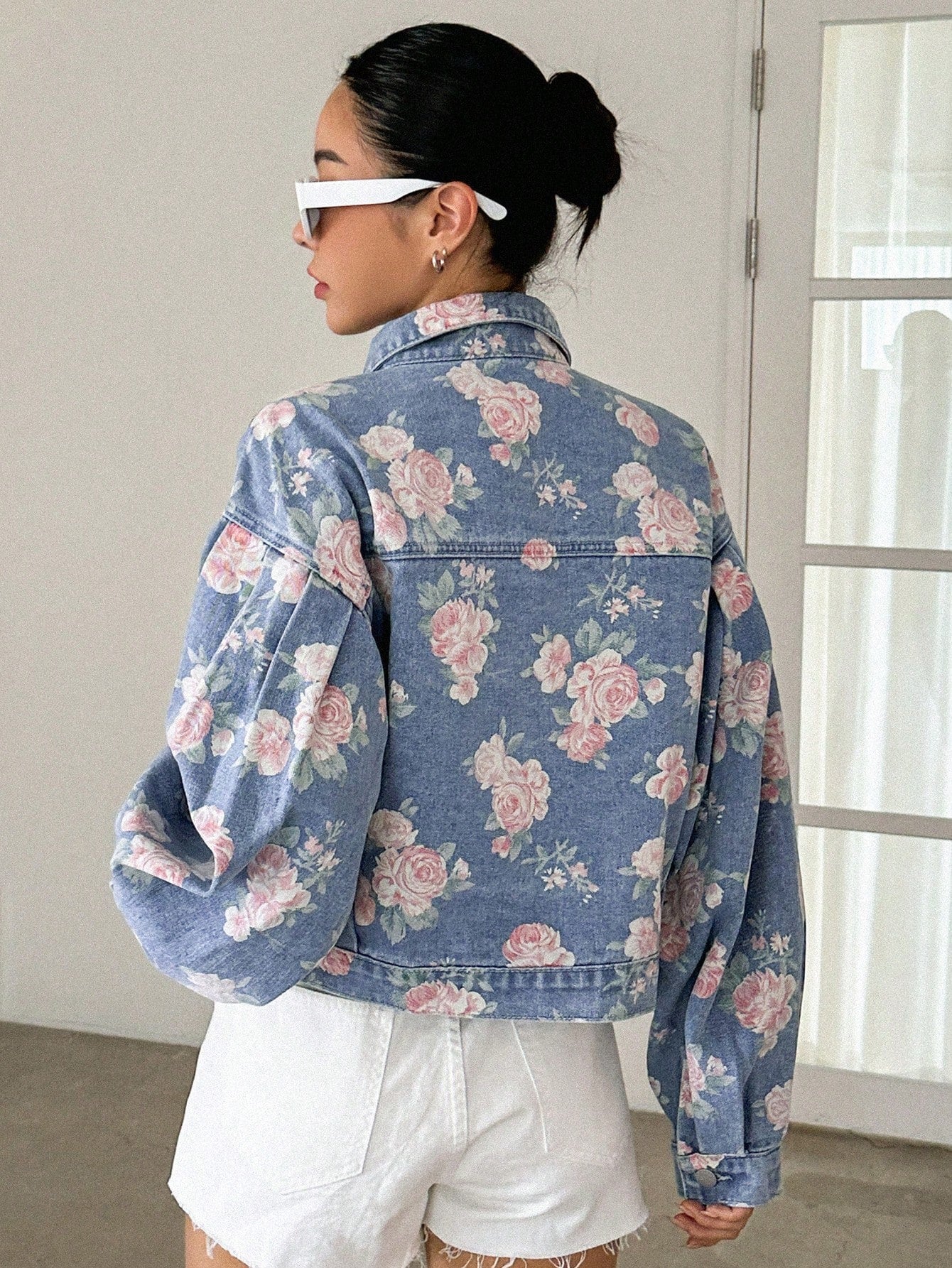 Floral Print Drop Shoulder Flap Pocket Denim Jacket