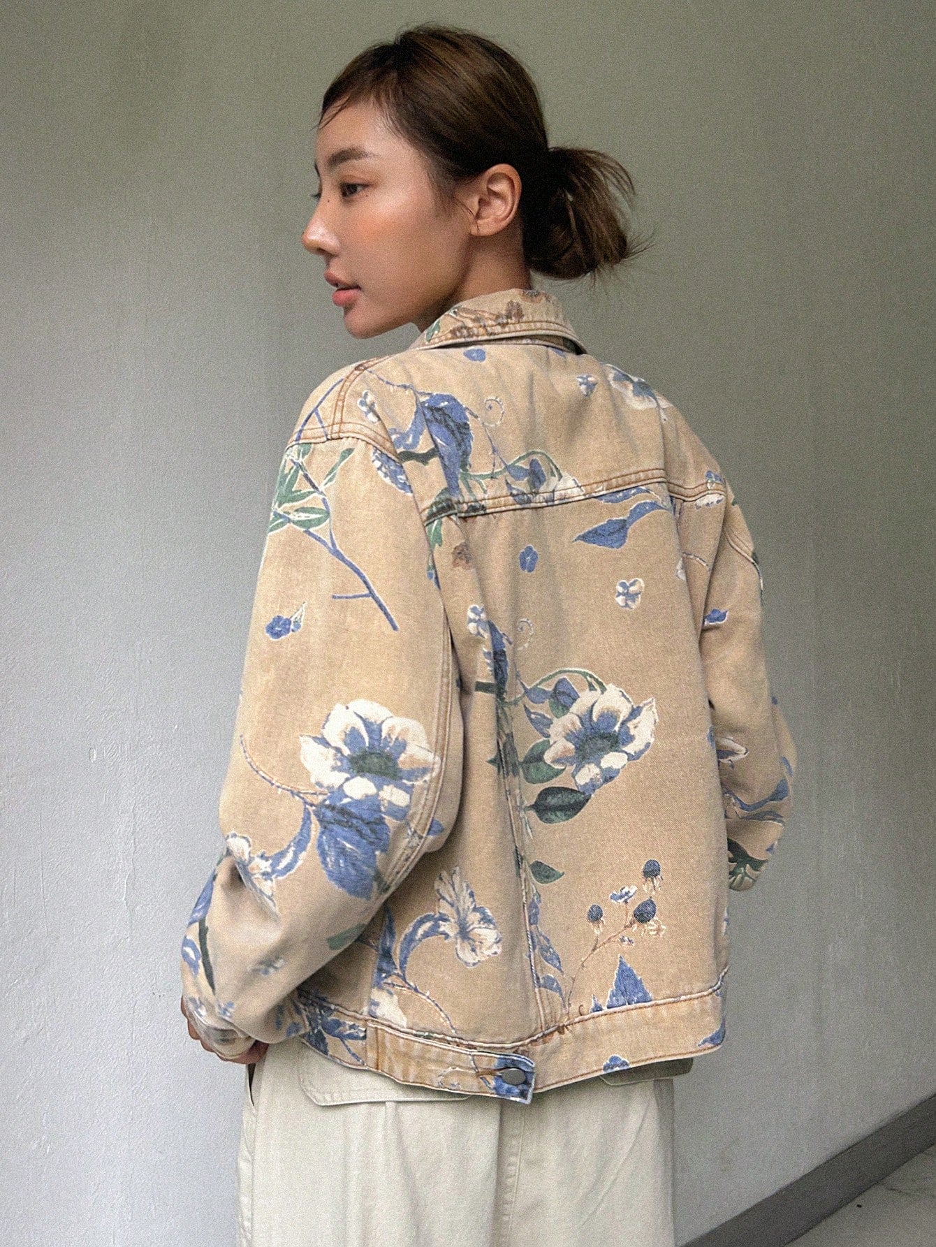 Floral Print Drop Shoulder Denim Jacket