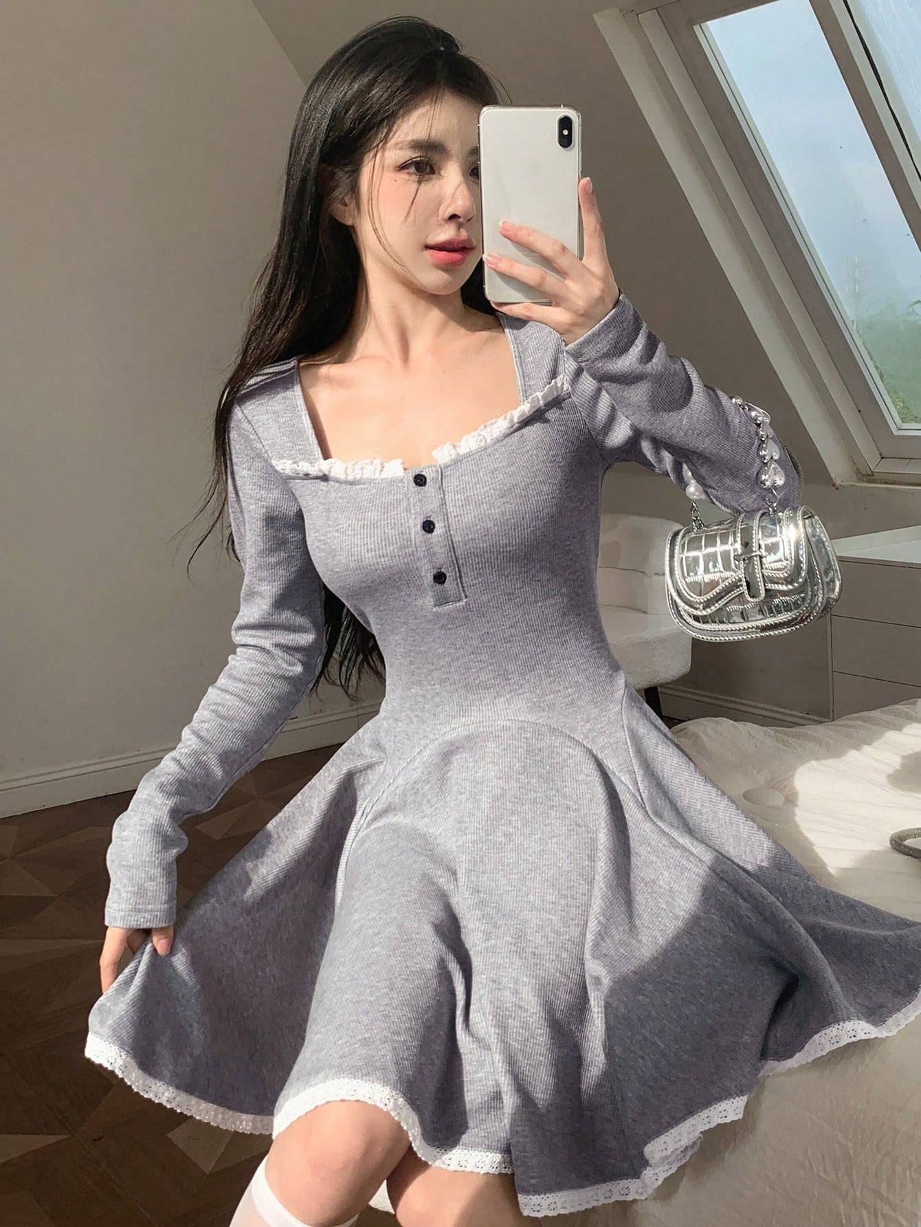 Contrast Lace Trim Button Front Dress