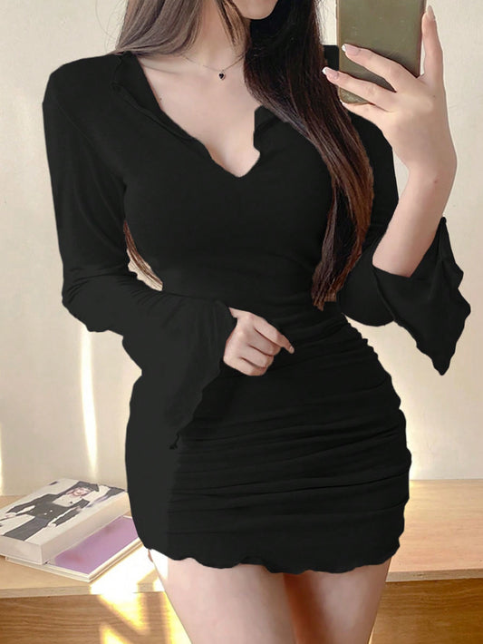 Kpop Solid Notched Neck Lettuce Trim Ruched Bodycon Dress