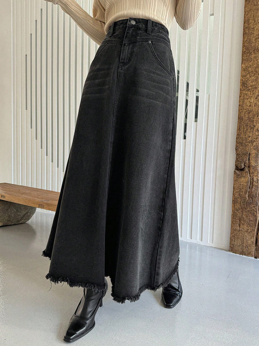 Ladies' Simple Pure Color Long Denim Skirt