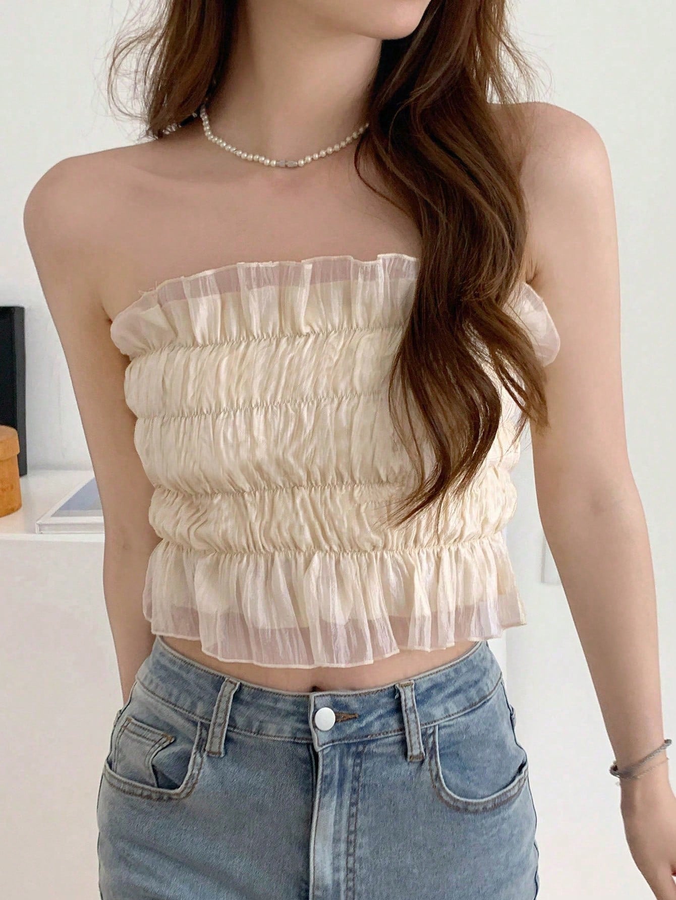 Solid Frill Trim Ruched Mesh Overlay Tube Top