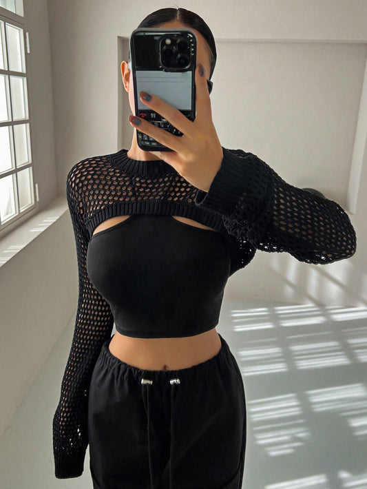 1pc Ladies' Solid Long Sleeve Hollow Out Crop Top With Round Neckline