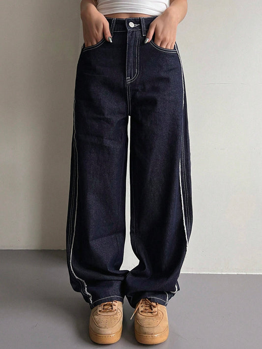 Patchwork Wide-Leg Jeans With Side Slit And Diagonal Pocket