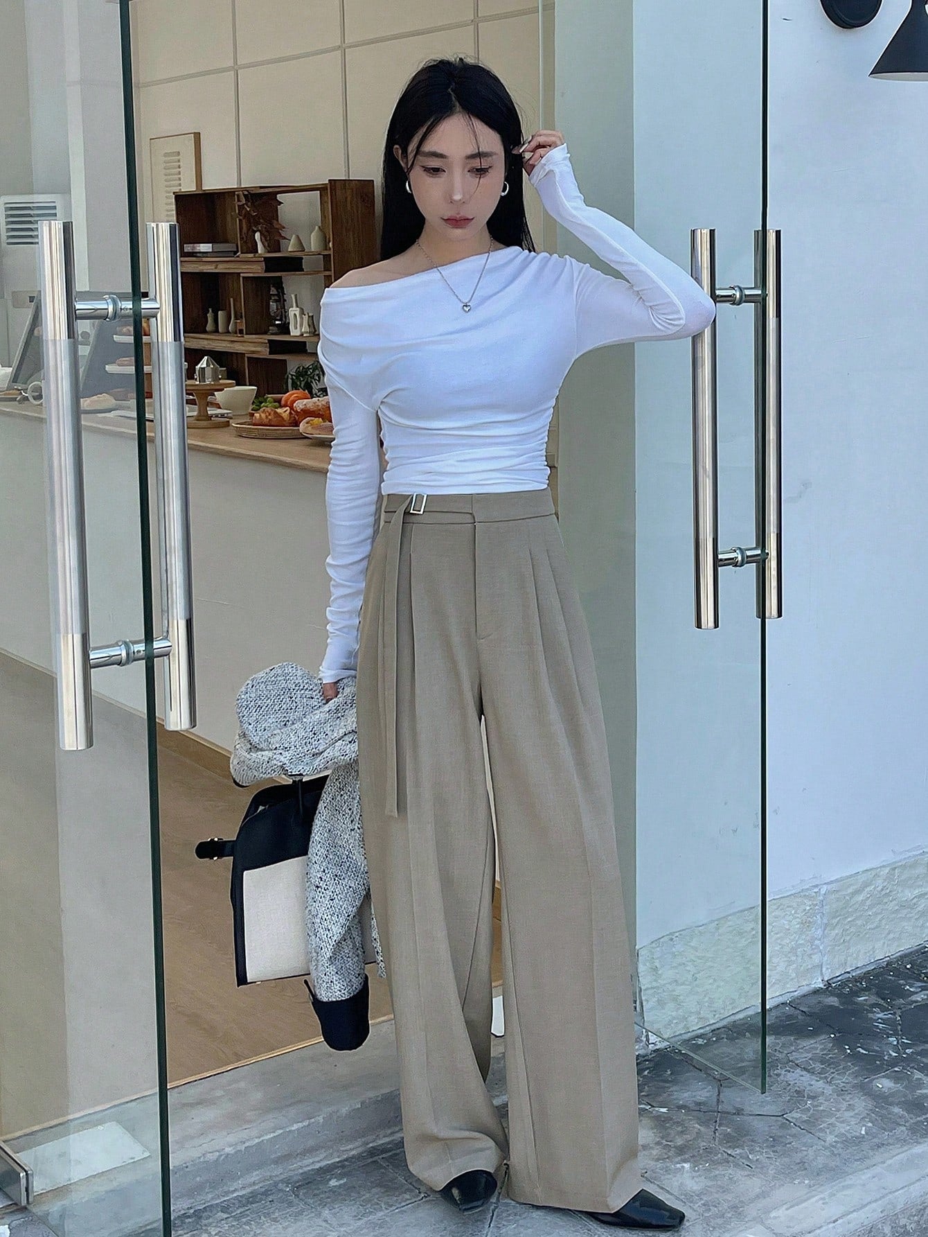 Women'S Solid Color Belted Wide Leg Pants With Pockets, Suit Pants