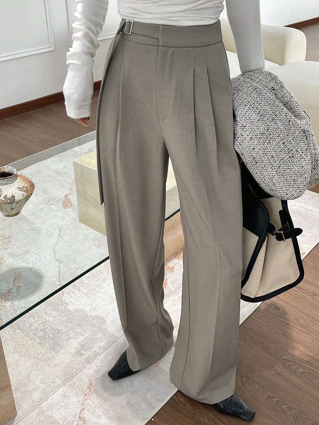Women'S Solid Color Belted Wide Leg Pants With Pockets, Suit Pants