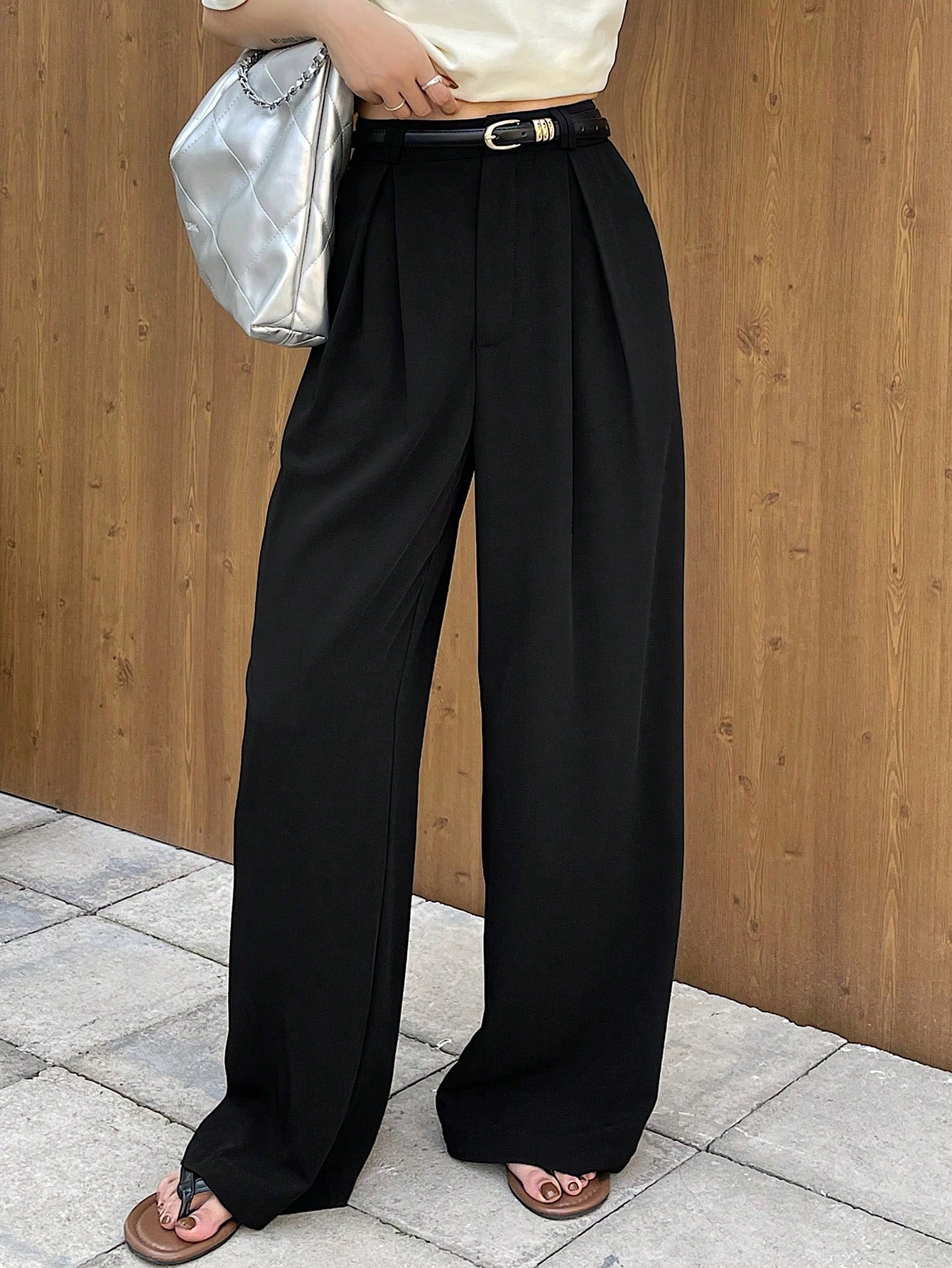 Solid Color Wide Leg Pleated Dress Pants With Pockets For Women