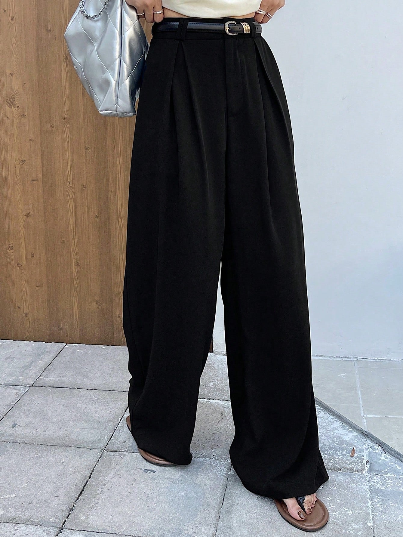 Solid Color Wide Leg Pleated Dress Pants With Pockets For Women