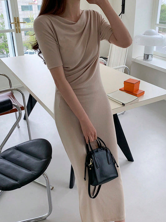 Solid Color Elegant Short Sleeve Dress With Draped Neck