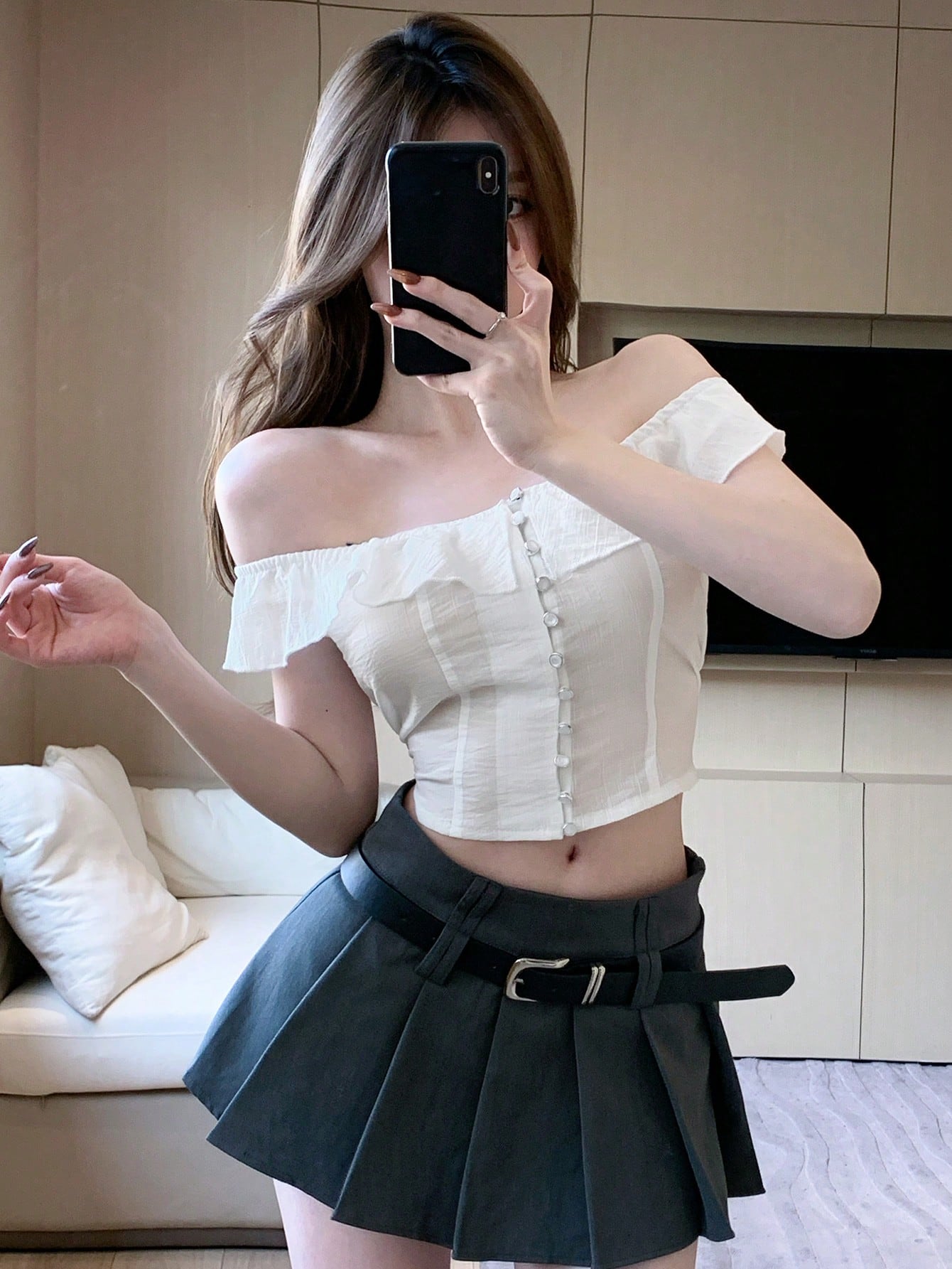 Solid Color Slim Fit Crop Top With Ruffled Off-Shoulder Design For Women