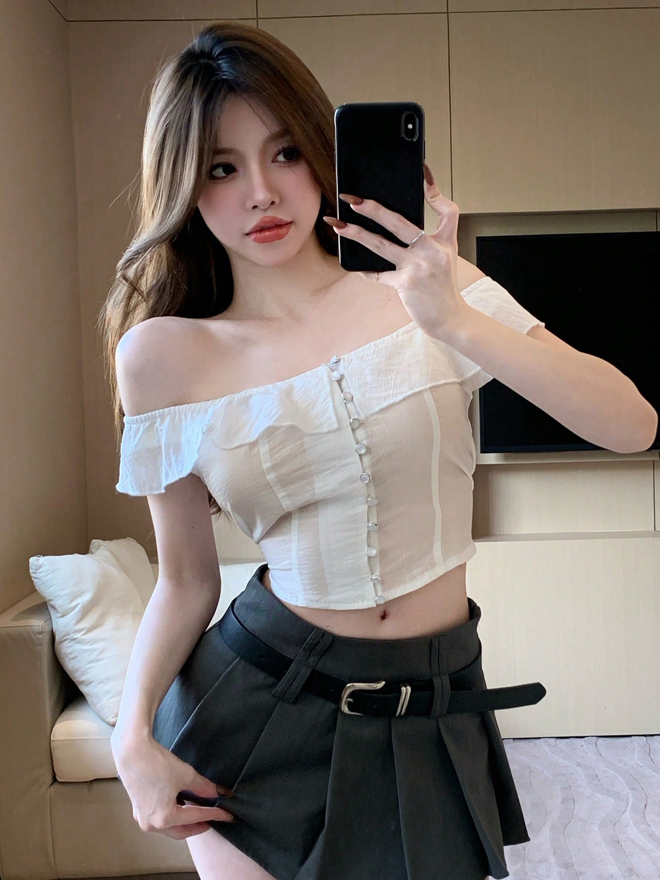 Solid Color Slim Fit Crop Top With Ruffled Off-Shoulder Design For Women