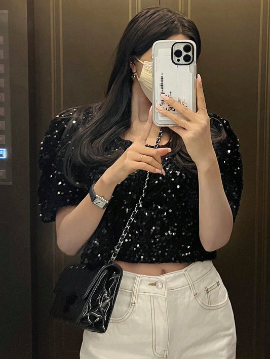 Sequin Short Sleeve Square Neck Casual T-Shirt