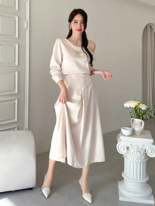 2pcs/Set Women's Off-Shoulder Asymmetrical Long Sleeve Blouse With Elastic Waist Irregular Maxi Skirt