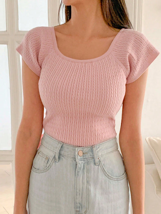 Round-Neck Short Sleeve Knitted Top With Cable Knit