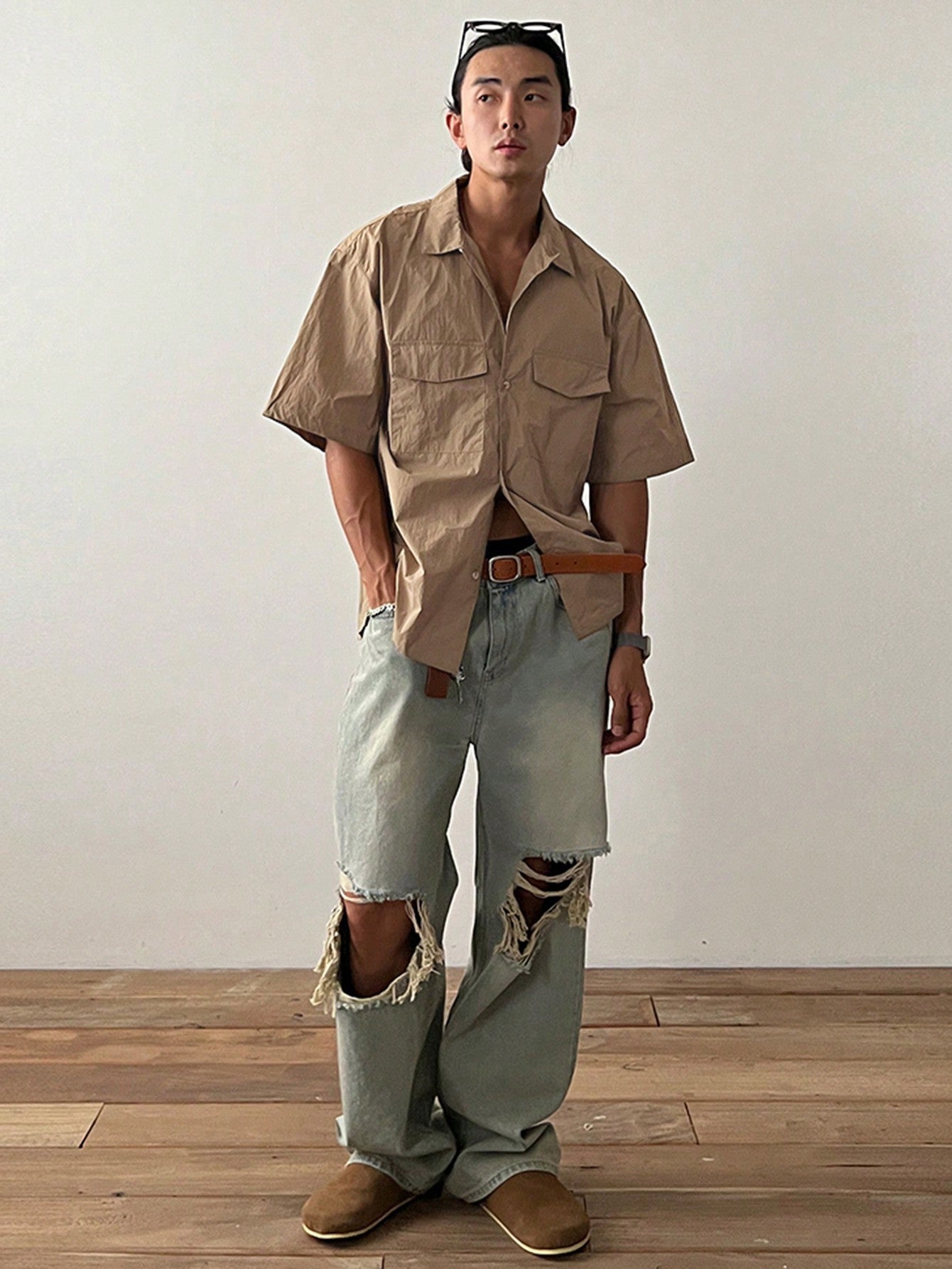 Men's Solid Color Short Sleeve Cargo Shirt With Pockets For Summer