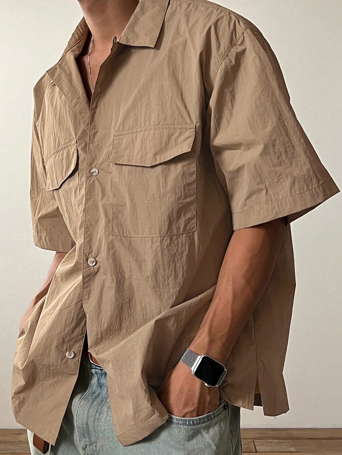 Men's Solid Color Short Sleeve Cargo Shirt With Pockets For Summer