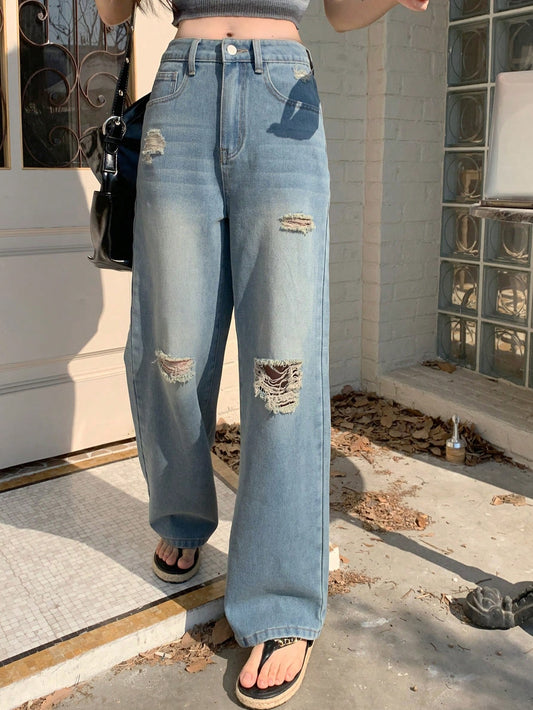 Distressed Straight-Leg Jeans For Casual Wear