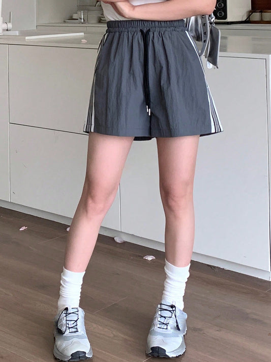Patchwork Side Striped Drawstring Waist Casual Shorts