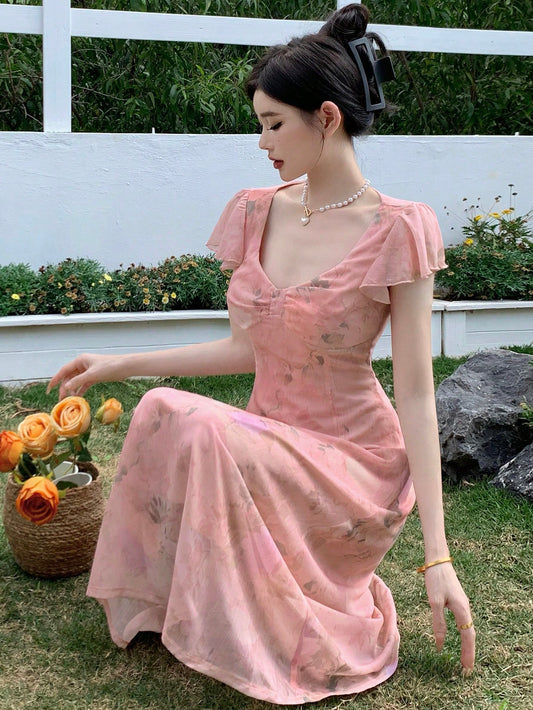 Floral Printed Chiffon Dress With Sweetheart Neckline And Ruffle Sleeves