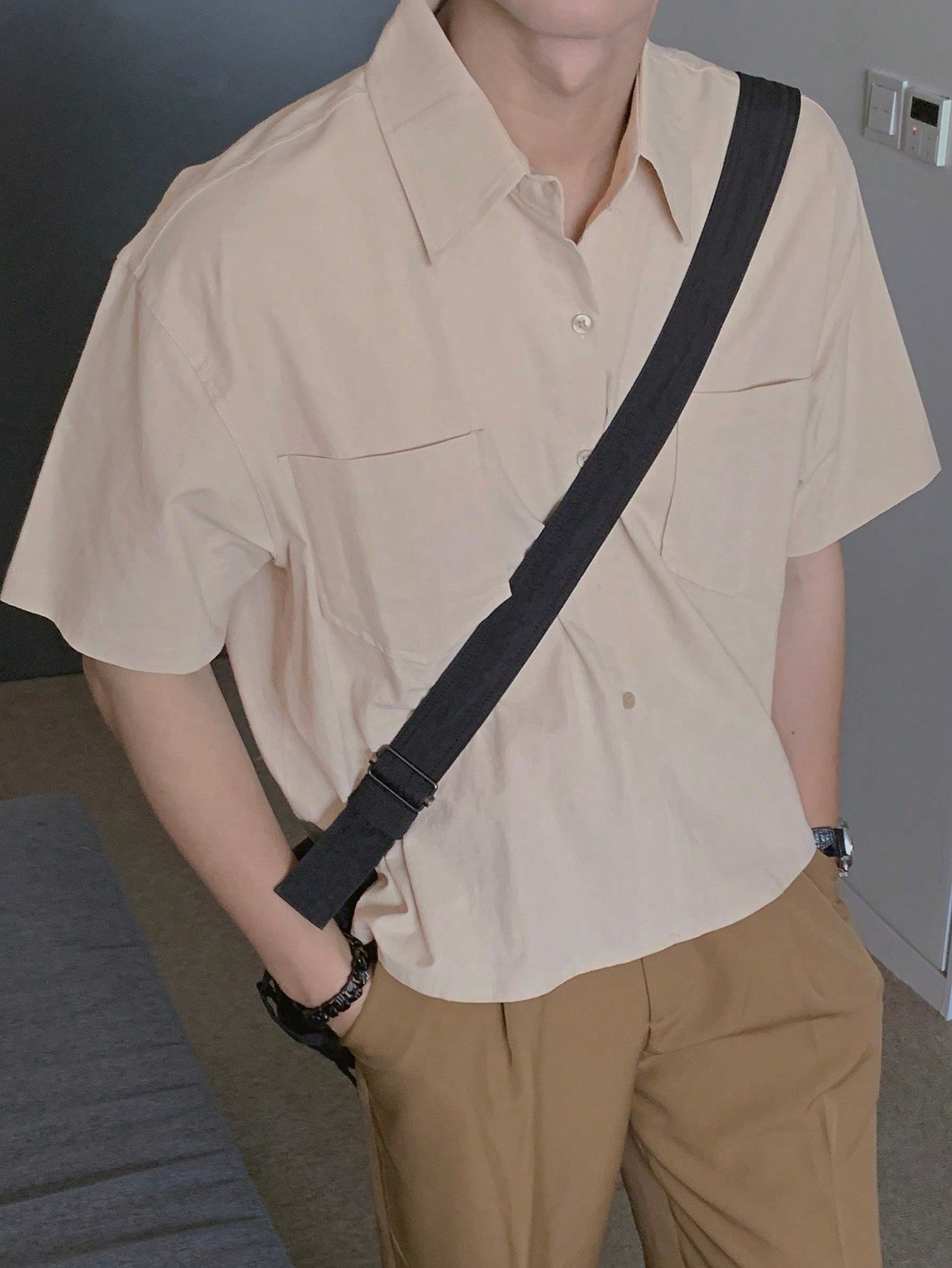 Men's Summer Plain Color Double Pocket Casual Shirt
